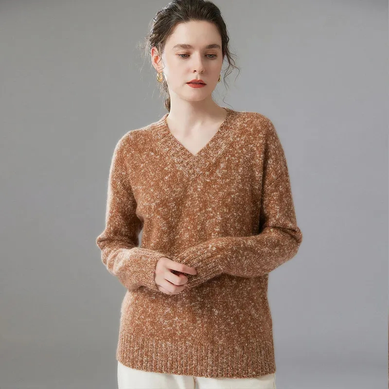 

Aliselect Women 100% Cashmere Brushed Sweater V-neck Pullover Autumn Winter Cashmere Knitted Soft Warm Clothing Luxury Tops New