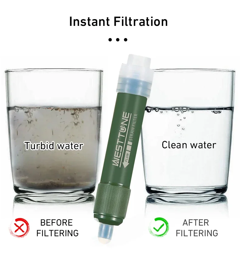 Westtune Outdoor Mini Camping Purification Water Filter Straw TUP Carbon Fiber Water Bag for Survival or Emergency Supplies