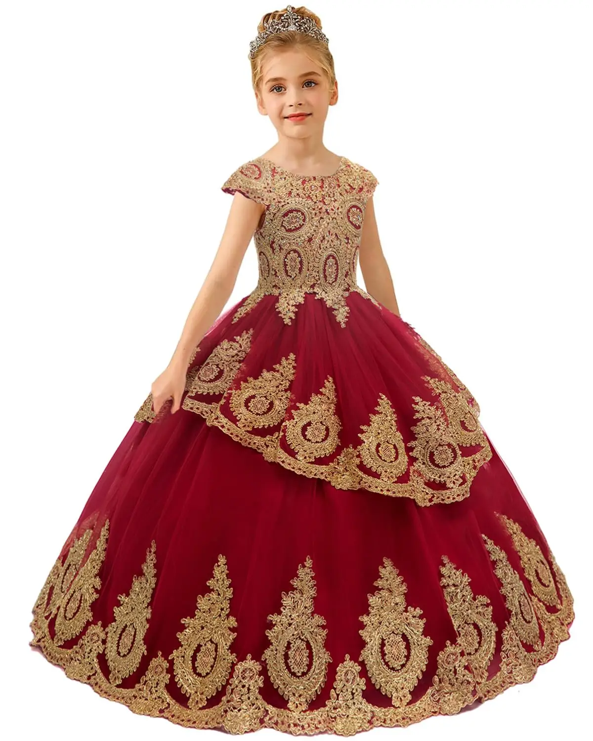 

Gold Appliques Flower Girl Dresses Tiered Tulle Pageant First Communion Dress For Toddler Kids Beaded Wedding Party Ball Gowns