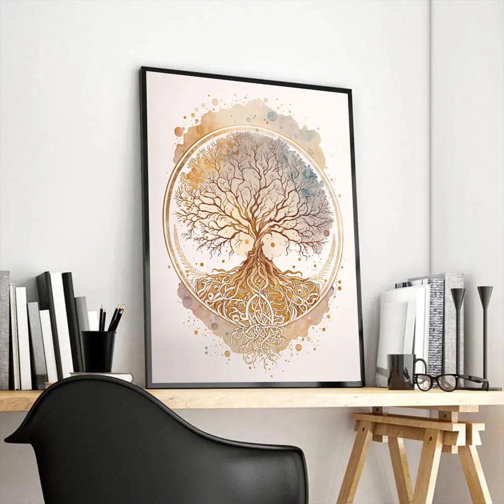 Modern Tree Of Life Poster Canvas Aquarelle Painting Meditation Yoga Art and Print on Spiritual Symbol Home Decoration Room