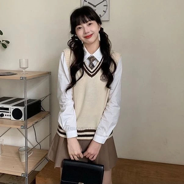 秋の韓国風ファッションスーツ レディース シャツ ベスト トップス スカート 気質のあるベスト カレッジスタイル 制服 女子 JK セット