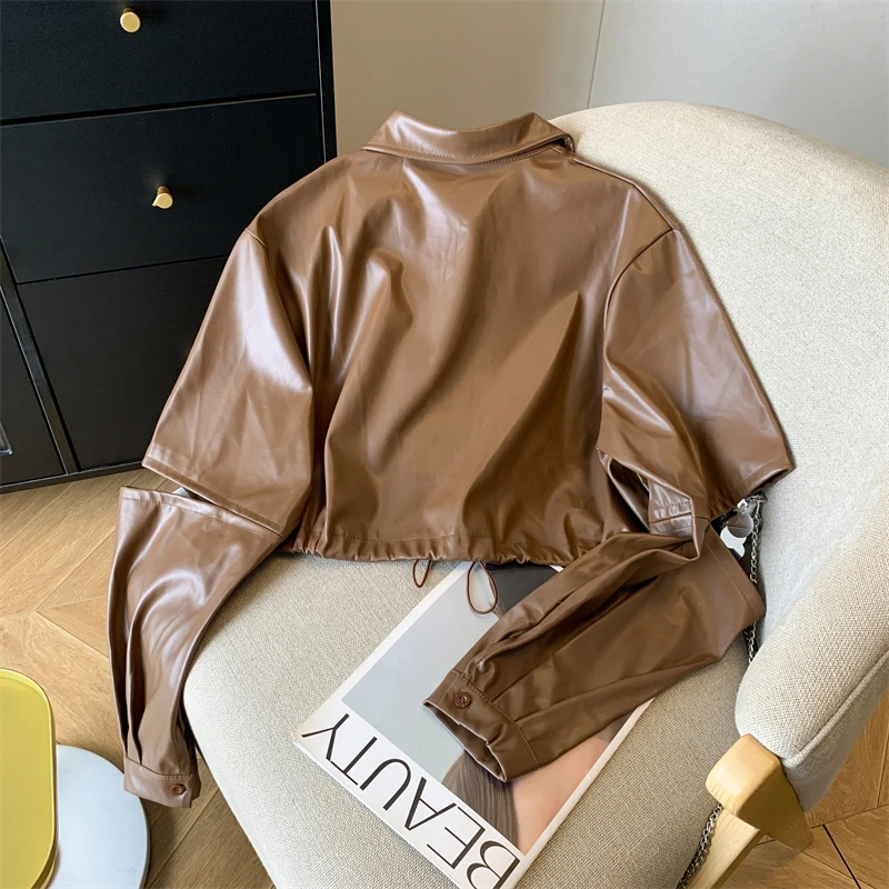 Giacca corta in pelle da donna Cappotto in PU marrone verde Primavera Autunno Monopetto Colletto rovesciato Top Design a maniche aperte alla moda