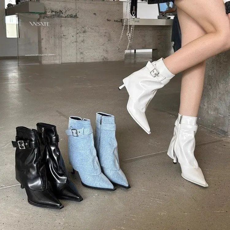 

2025 New Design High Heel Women Booties Women's High Quality Pointed Thin Heel White Ankle Boots Fashion Tube Boots Botas Mujer