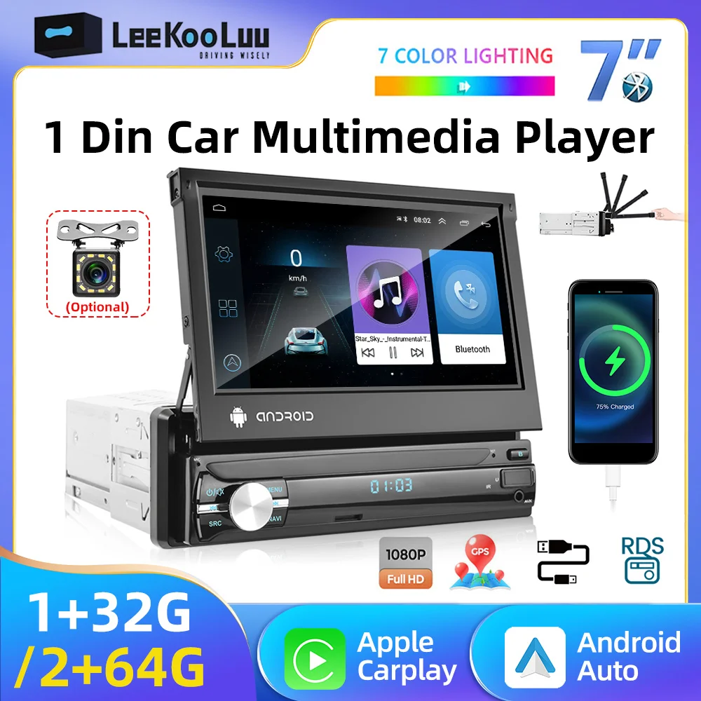 LeeKooLuu 1 Din Car Radio Auto GPS Navigation Stereo 7