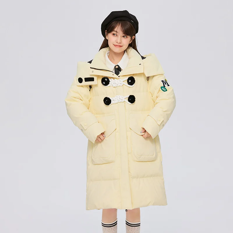 Semir Down Jacket Women Long Waterproof 2023 Winter New Loose Buckle Design Milk Yellow Down Jacket