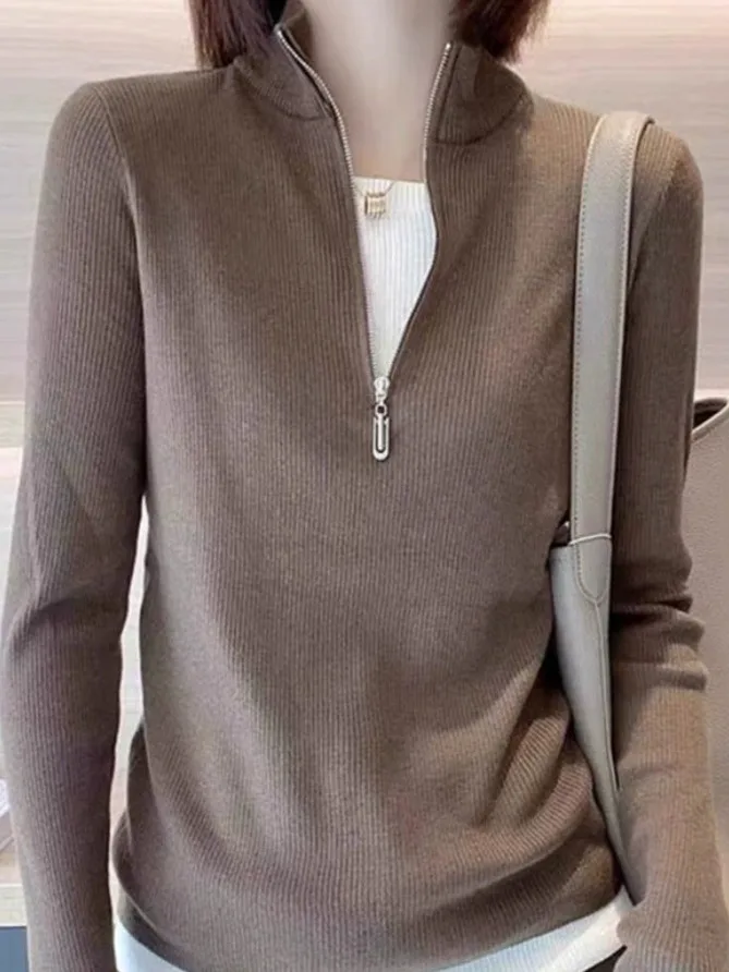 قميص نسائي كاجوال من الكشمير المحبوك بسحاب نصفي وأكمام طويلة، نمط عصري، مزيج صوف ناعم، مقاس منتظم، قطعة علوية أنيقة #1