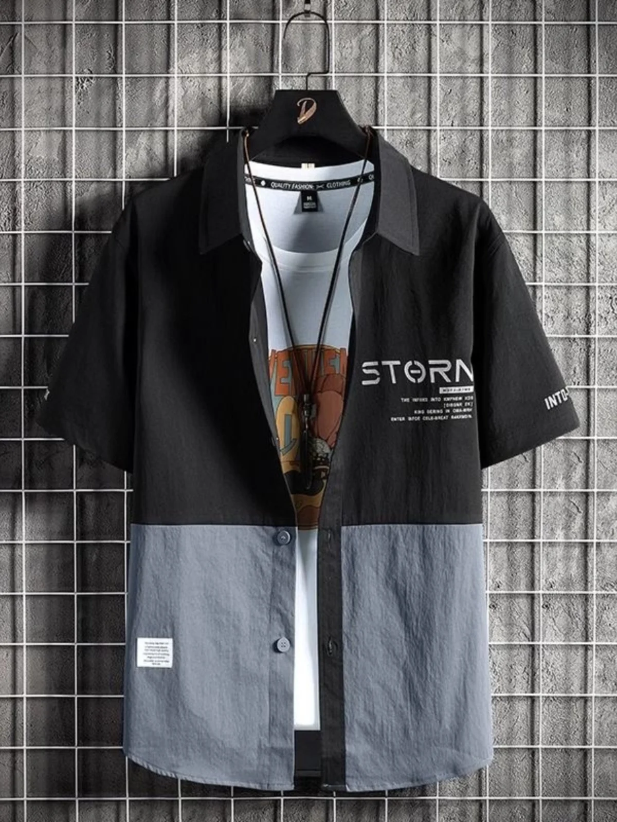 

Premium Color Block Short Sleeve Men's Shirt Summer Casual Loose Sun Protection Breathable Ice Silk Youth Trend Loose Fit