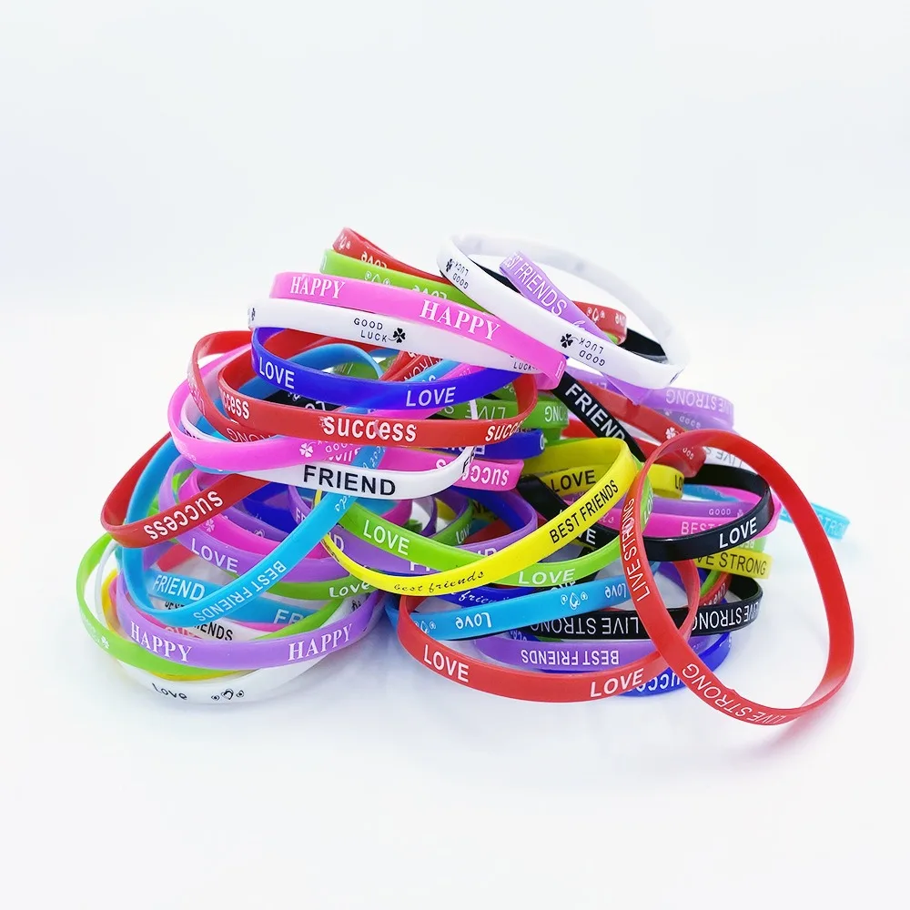 10pcs 패션 5mm 빛나는 실리콘 팔찌 편지 스포츠 고무 팔찌 탄성 캔디 컬러 팔찌 여성 남성