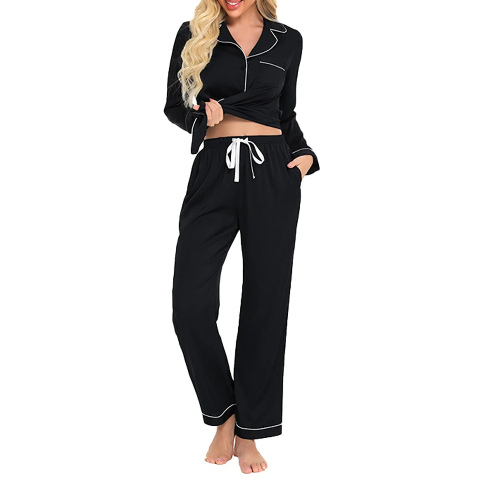 Women's Silk Comfortable Lapel Long Sleeve And Pant Two Piece Suit With Crepe Edge Loose Casual Homestay Pajamas Sets For Female