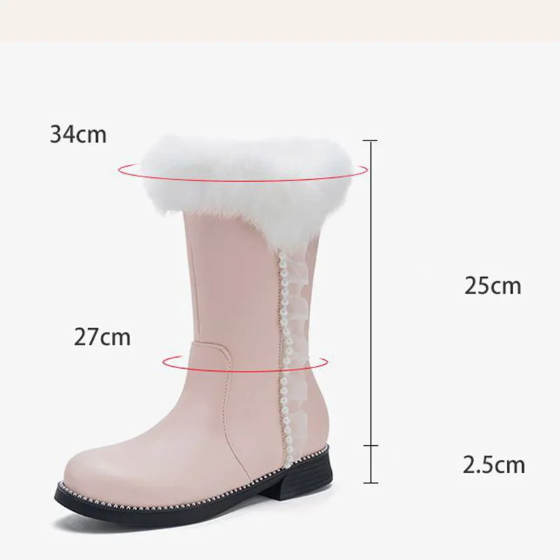 ASILETO Sweet Women Mid Calf Boots Round Toe Thick Heels 2.5cm Zipper Pearl Small Size 31 32 33 Rabbit Furry Warm Winter Bota