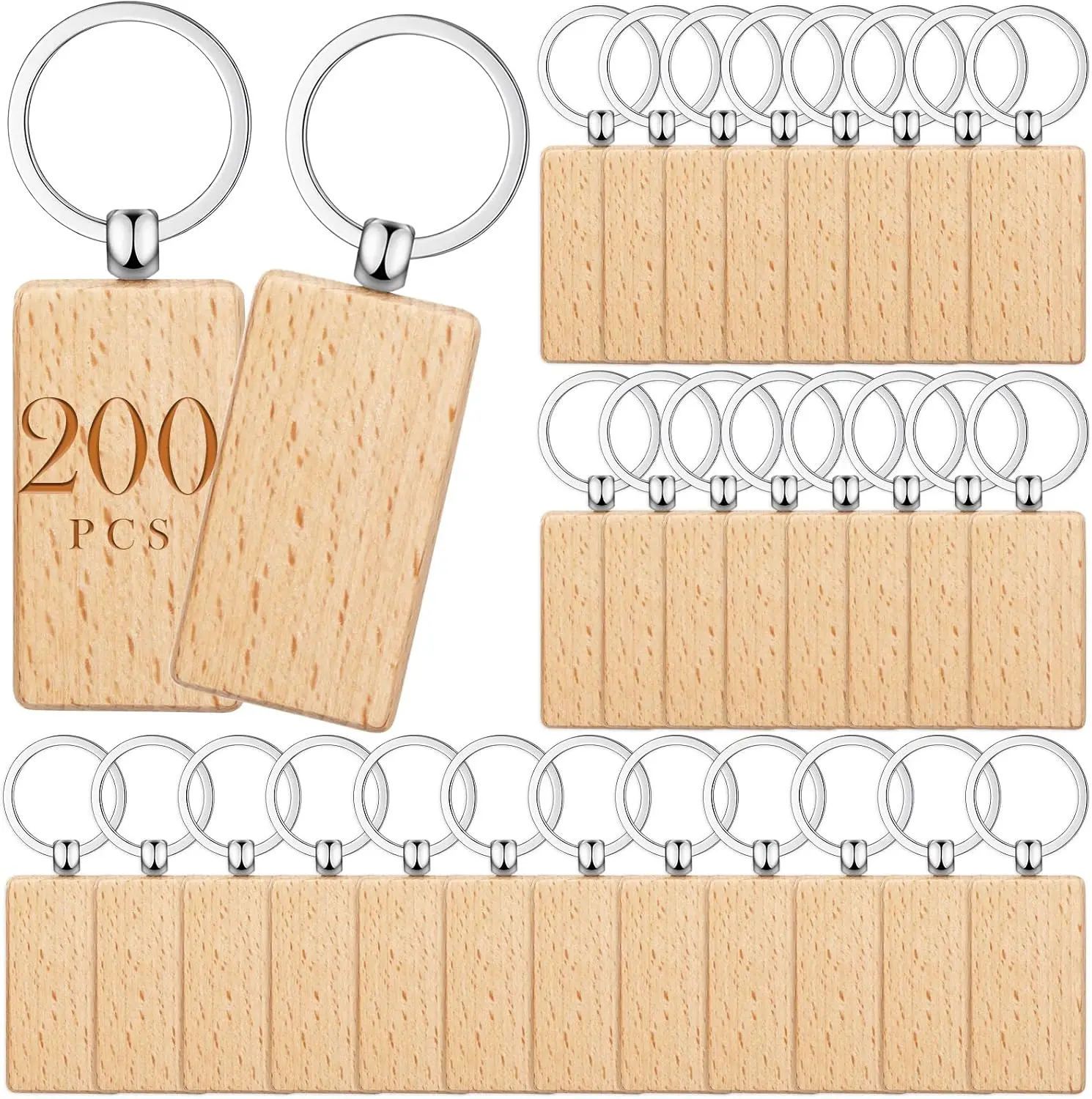 200 Pcs Wooden Keychain Blanks Wood Key Chains Bulk Laser Engraving Wooden Keychain Blanks Unfinished Rectangle Key Ring Tag for DIY Gift Crafts