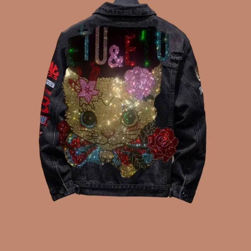 New 2023 Spring Hip Hop Golden Sequin Big Cat Head Patch Denim Jacket Men Streetwear Fashion Embroidered Slim Fit Jeans Jackets