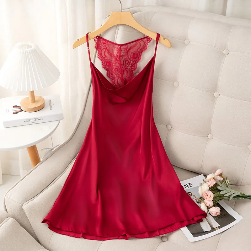 Suspender Nightgown Women Chemise Sleepwear Nightdress Sexy Lace Backless Nightwear Dressing Gown Satin Home Wear Loungewear