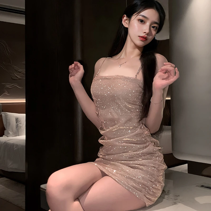 Lencería sexy para mujer, vestido de noche brillante sin mangas para fiesta y club, vestido con tirantes