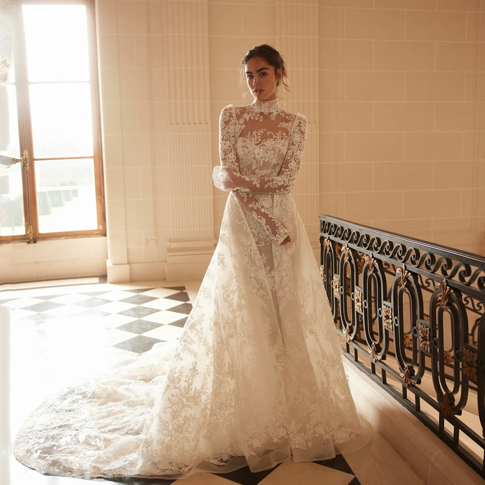 

Vintage Wedding Dresses Applique High Neck Backless Full Sleeve Detachable Train Mermaid vestido de novia para boda Customized