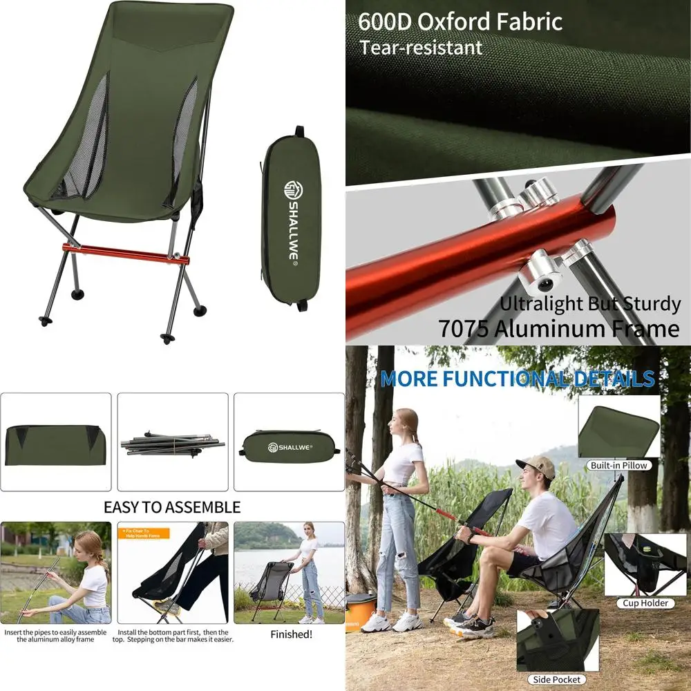 كرسي تخييم محمول عالي الظهر قابل للطي من الألومنيوم للبالغين مع وسادة وجيب وحقيبة حمل - مثالي لحقائب الظهر والمشي لمسافات طويلة و #1