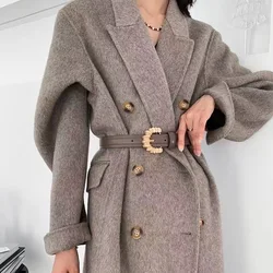 Women 2024 Winter Gray Thick Woolen Coats With Button Loose Long Sleeves Pocket Ladies Elegant OverCoat