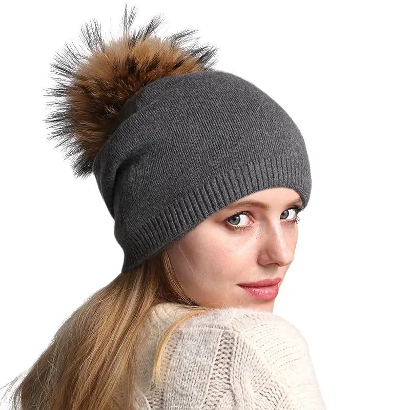 Chapéu de pompom de pele de guaxinim feminino, Gorros de lã tricotados, Skullies casuais, boné de caxemira feminino, quente, outono inverno