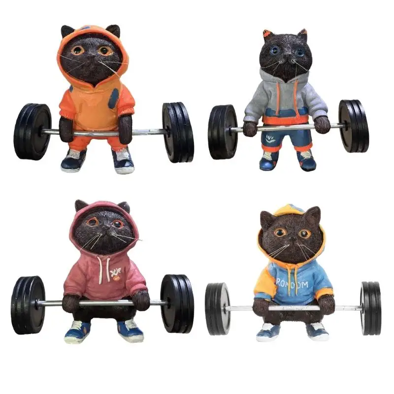 Fitness Cats Sculpture Modern Anime Barbell Cats Statue Collectible