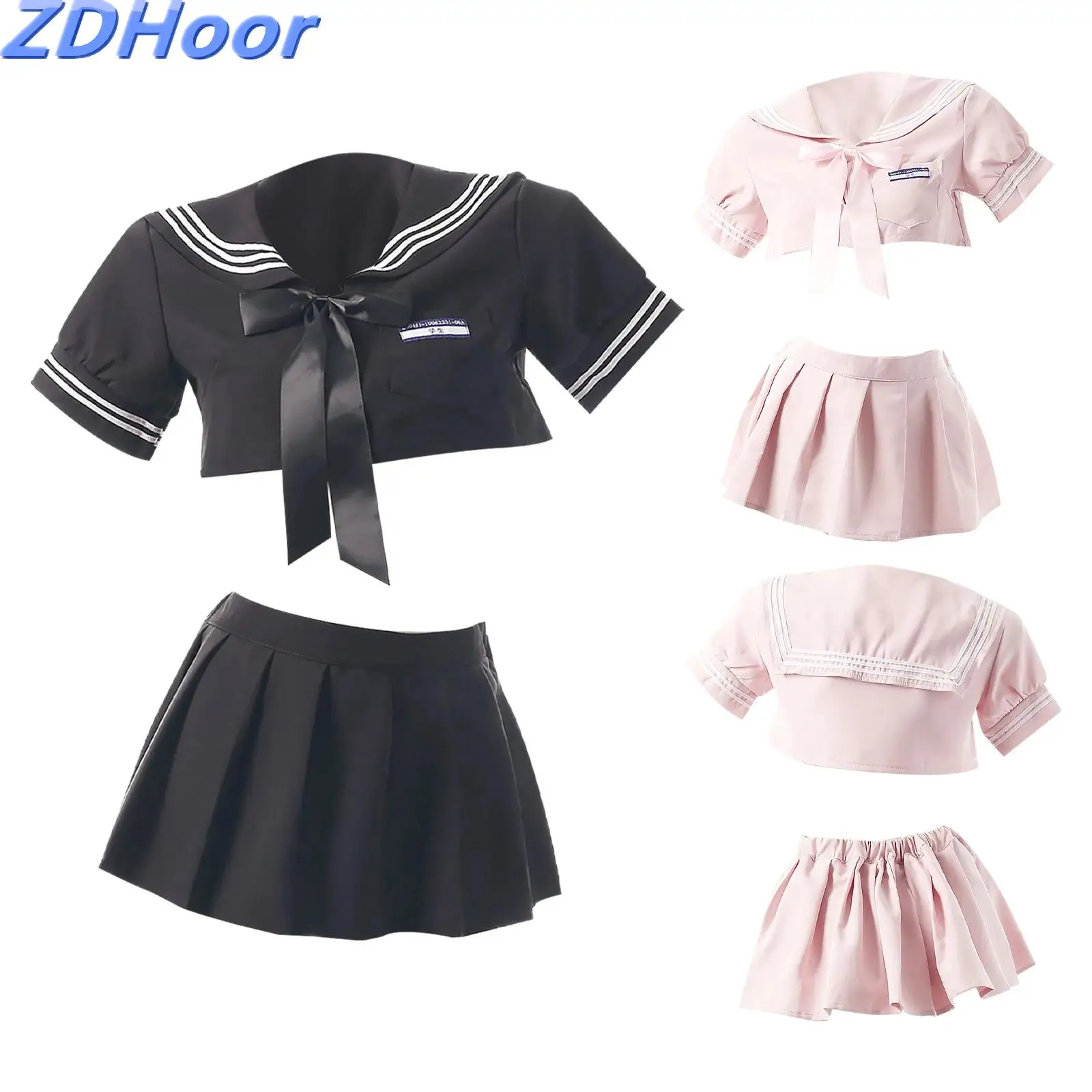 

Women Anime Cosplay Schoolgirl Japanese Style Suit JK Uniform Short Sleeve Crop Top with Pleated Mini Skirt And Bow Lingerie Set