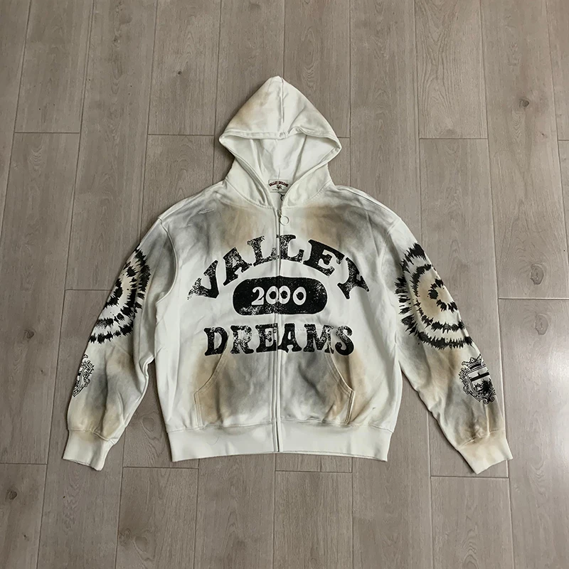 Fall Winter New Arrival VALLEY Unisex Street Washed Zip Hoodie Retro Tie‑Dye Text Print Loose Oversized Casual Hooded Top
