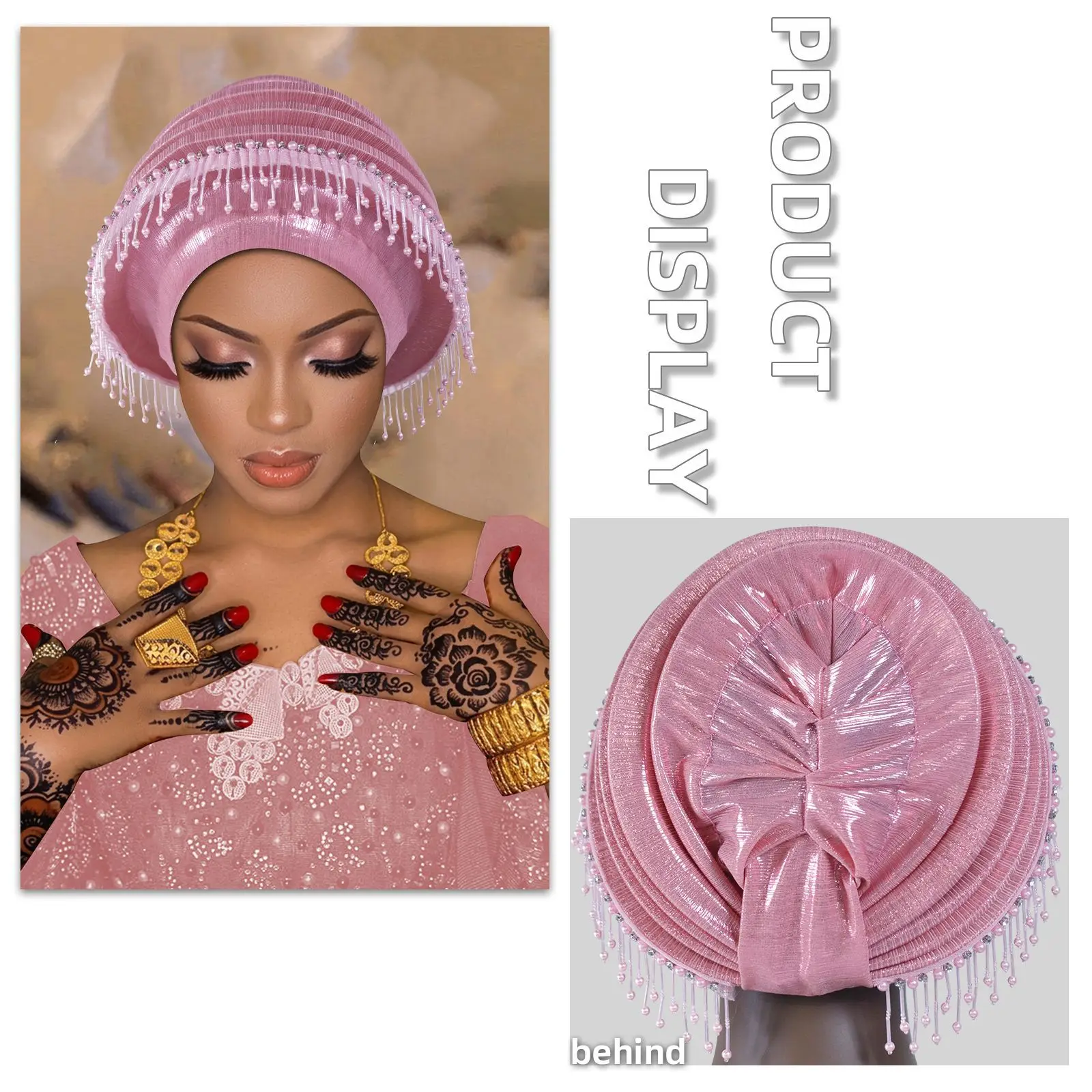

African Headtie Women Beads Tassels Turban Cap Nigerian Wedding Auto Gele Party Headpiece Head Wrap Hijab Bonnet Hat Headdress