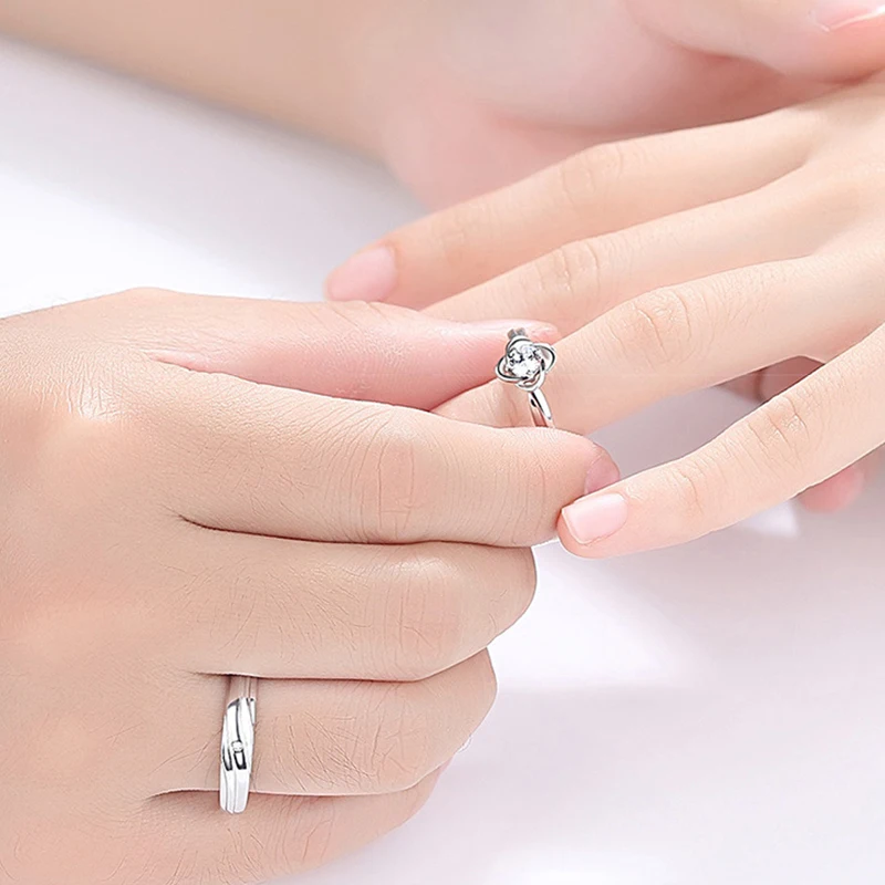 Anillos de trébol de cuatro hojas para parejas, alianzas de boda de plata con dedo abierto, regalo personalizado para el Día de San Valentín, joyería de cumpleaños de la suerte
