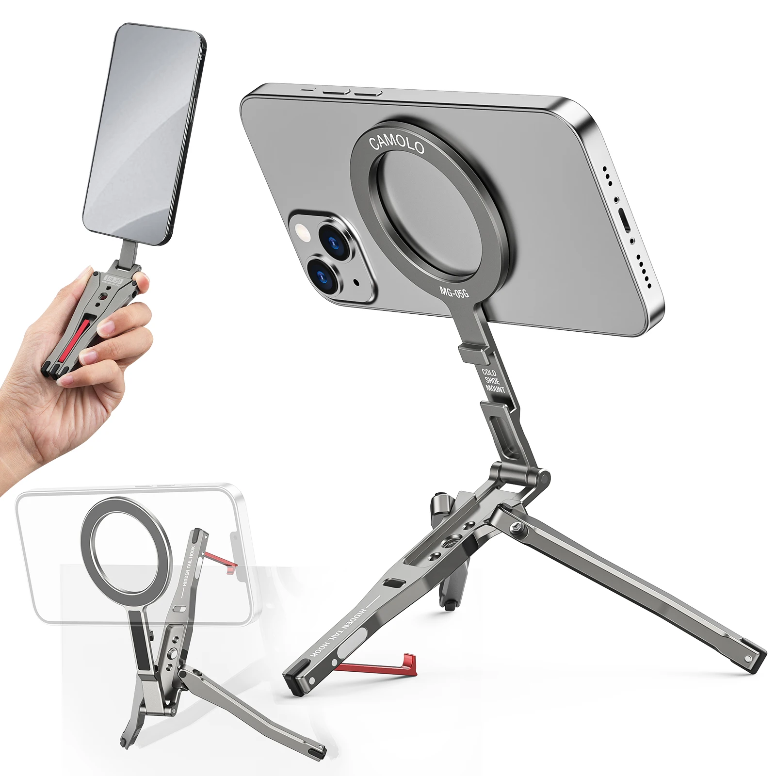 حامل ثلاثي للهاتف بجيب مغناطيسي قابل للطي من Camolo مع خطاف حامل هاتف Magsafe مع حلقة لهاتف iPhone Android HUAWEI حامل ثلاثي القوائم