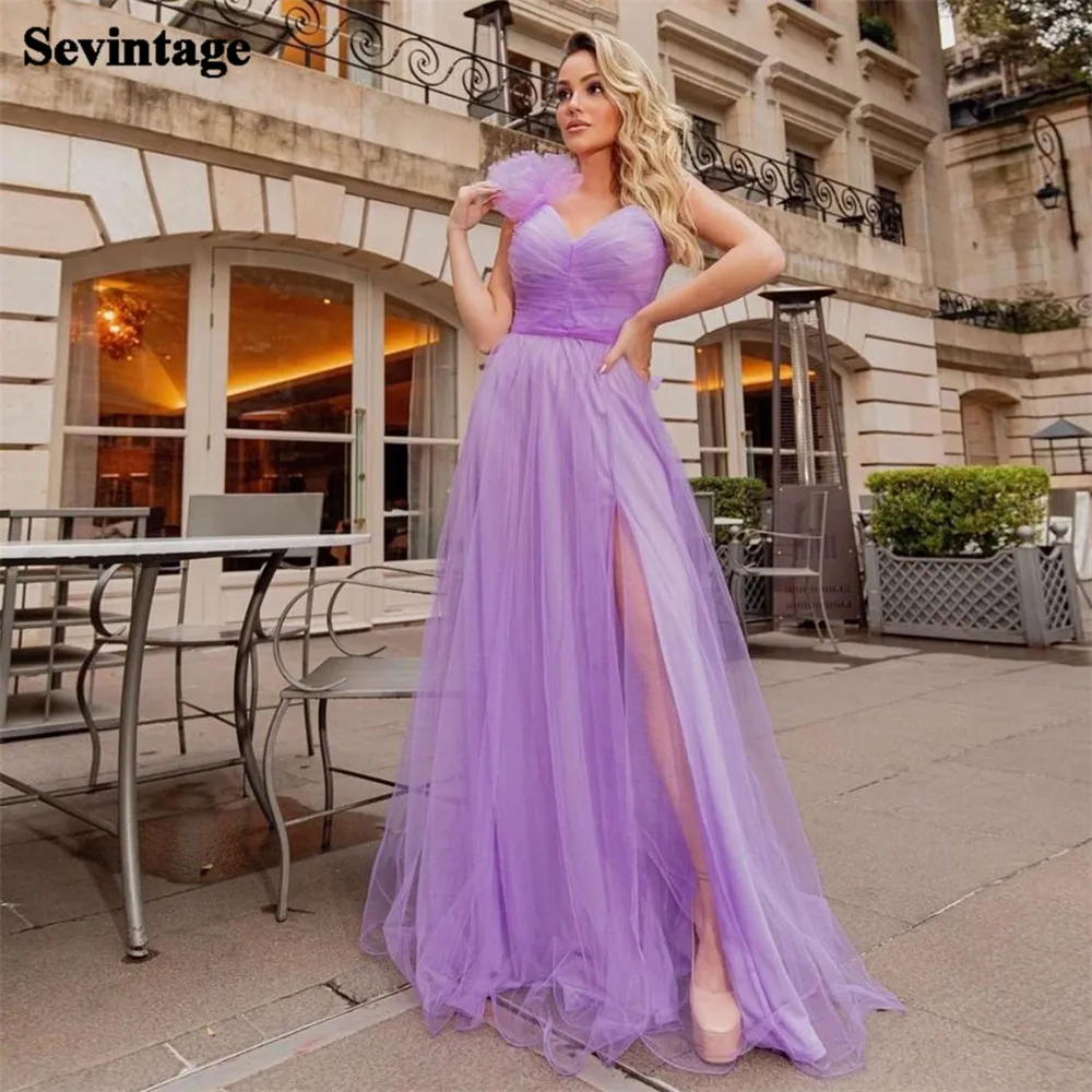 

Sevintage Modern Tulle Prom Dresses A-Line One Shoulder High Side Slit Floor Length Formal Evening Dresses Women Party Gown 2024