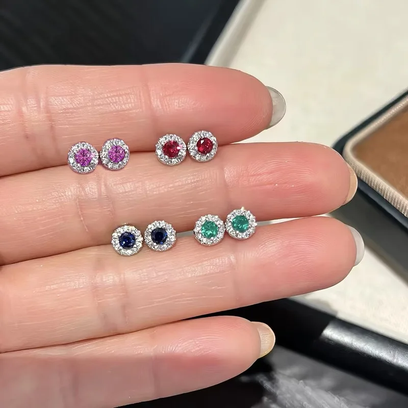 Cultivate new 100% 925 silver 3.5mm round earrings, pigeon blood red, blue, steel powder, blue, sapphire green, wedding jewelry