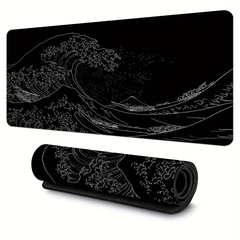 Alfombrilla de ratón de mar con ondas japonesas en blanco y negro, alfombrilla de ratón grande de goma antideslizante para juegos, bordes cosidos, alfombrillas de escritorio para teclado para Offi