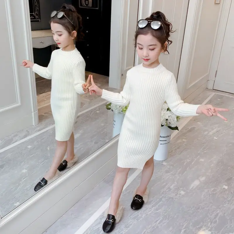 Girls' 2025 FW/AW White Stylish Side Split Knit Lightweight Long Sleeve Slim-Fit Bodycon Dress for 4-12Y