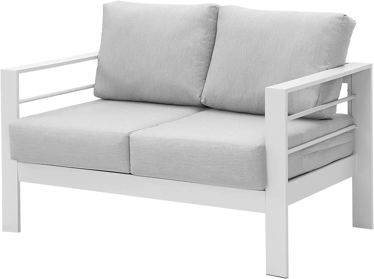 

Patio Furniture Aluminum Loveseat, All-Weather Outdoor 2 Seats Sofa Couch, White Metal Chair with Light Grey Cushions