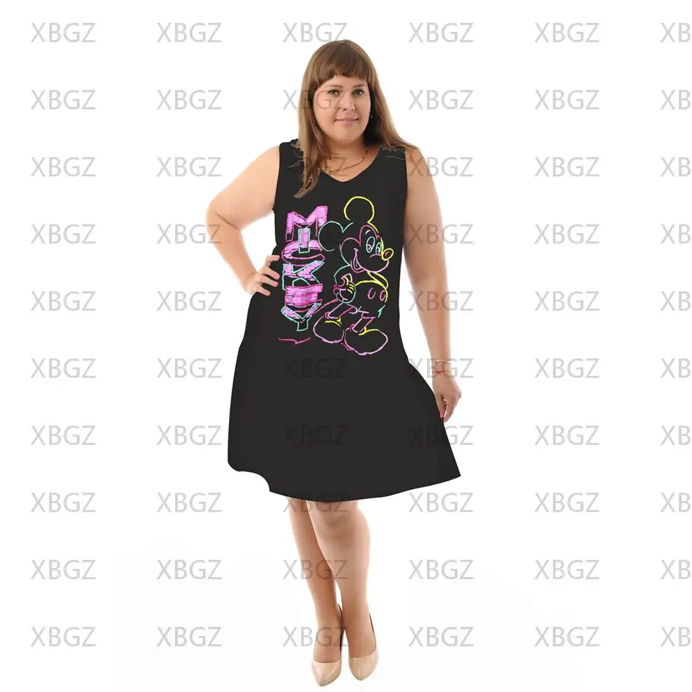 Mulheres Disney Minnie Mouse sem mangas vestido de praia, Chique sem mangas, Plus Size 4XL, 5XL, 6XL, Chubby elegante, Mickey, Verão, 2022