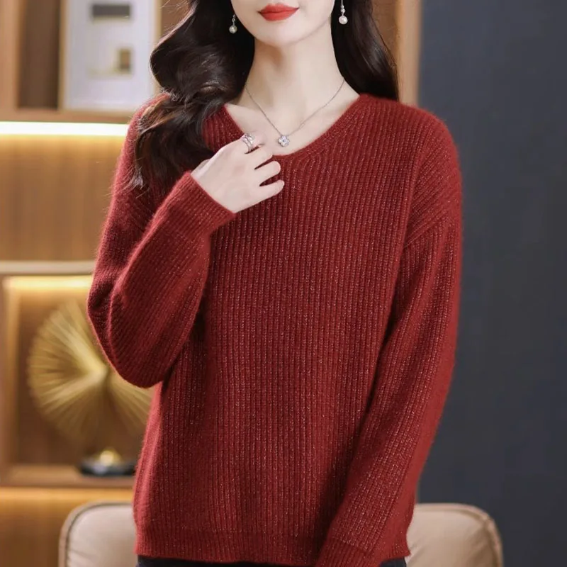 

Autumn Winter Solid Loose Knitwear Women's Jumper V-neck Casual Simple Thick Woollen Sweater Fashion Warm All-match Knitted Tops