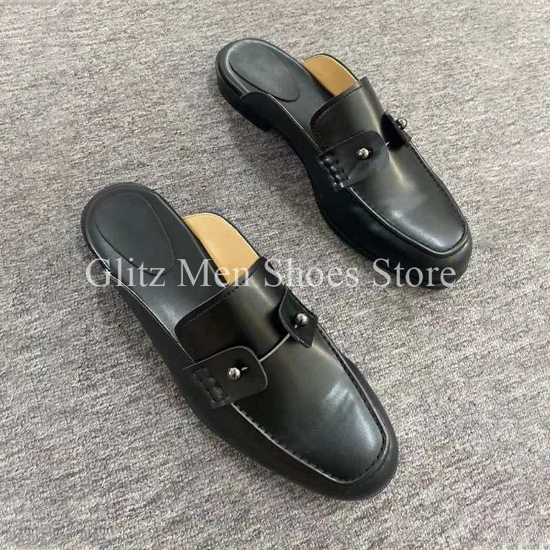 Men's Metal Button Loafers Small Square Head Outdoor Indoor Slippers Flats Half Shoes For Men Casual Shoes Summer Flat Shoes