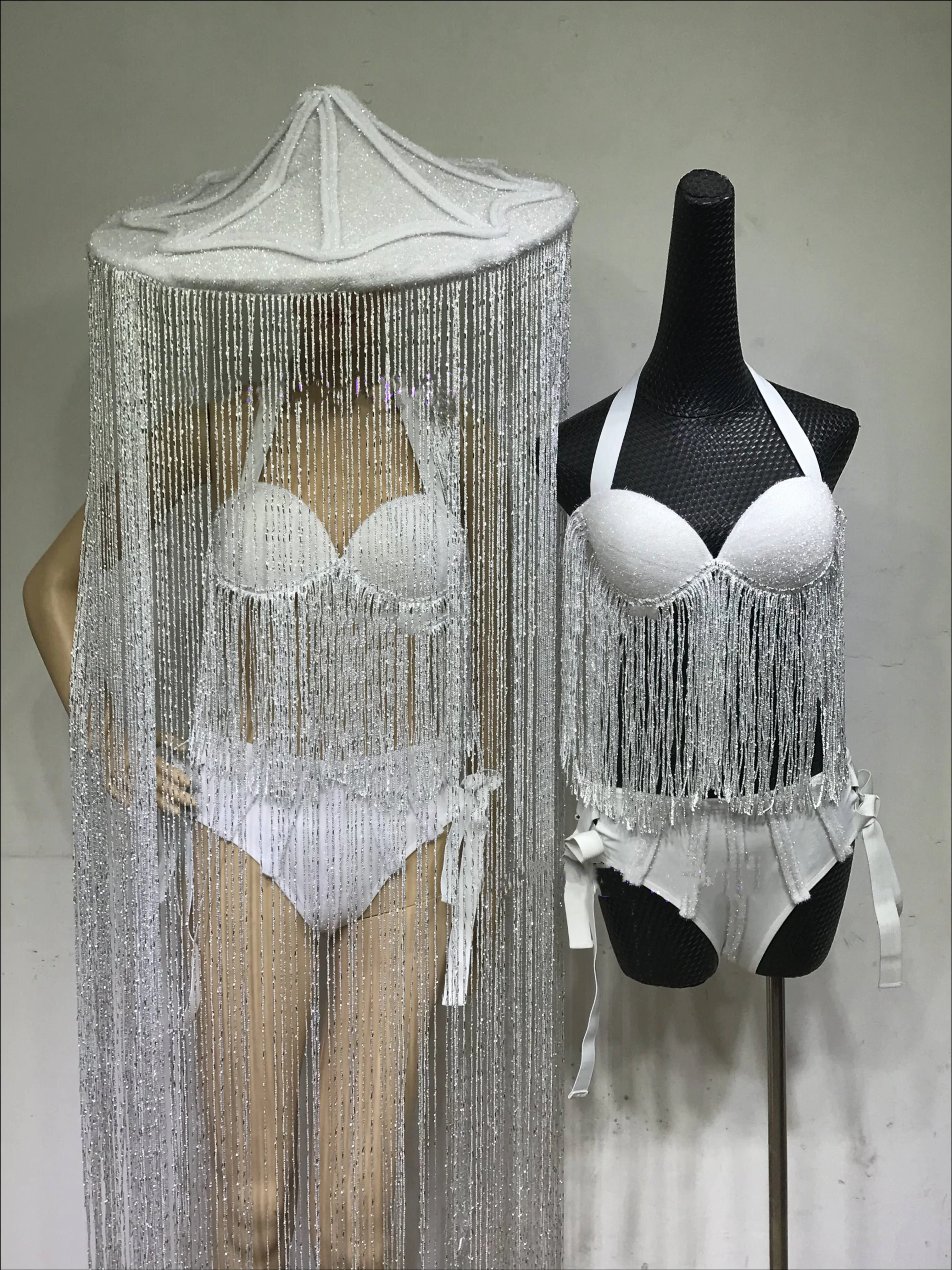 2025 جديد أنثى هامش بيكيني جوجو ملابس رقص الجاز شرابة قبعة المرحلة زي ملهى ليلي المغني راقصة أداء الهذيان الملابس