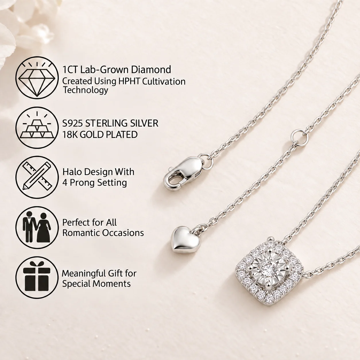TONGLIN 1CT Lab Grown Diamond Halo Pendant Necklace for Women S925 Sterling Silver 18K Gold Plated Wedding Bridal Jewelry