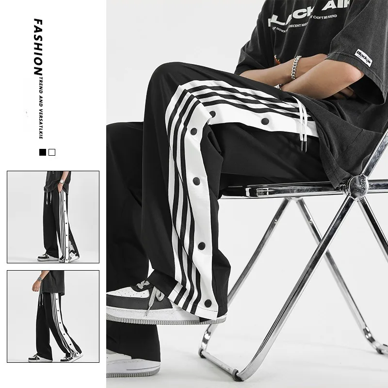 

Men's Side Button Sports Pants Loose Quick Dry Gym Training Trousers Striped Running Basketball Fitness Casual Sweatpants Men
