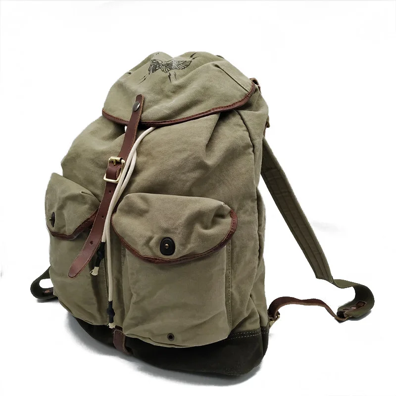 Retro American High Density Canvas Outdoor Climbing Backpack Casual Vintage Style Double Shoulder Bag for Youth with Drawstring