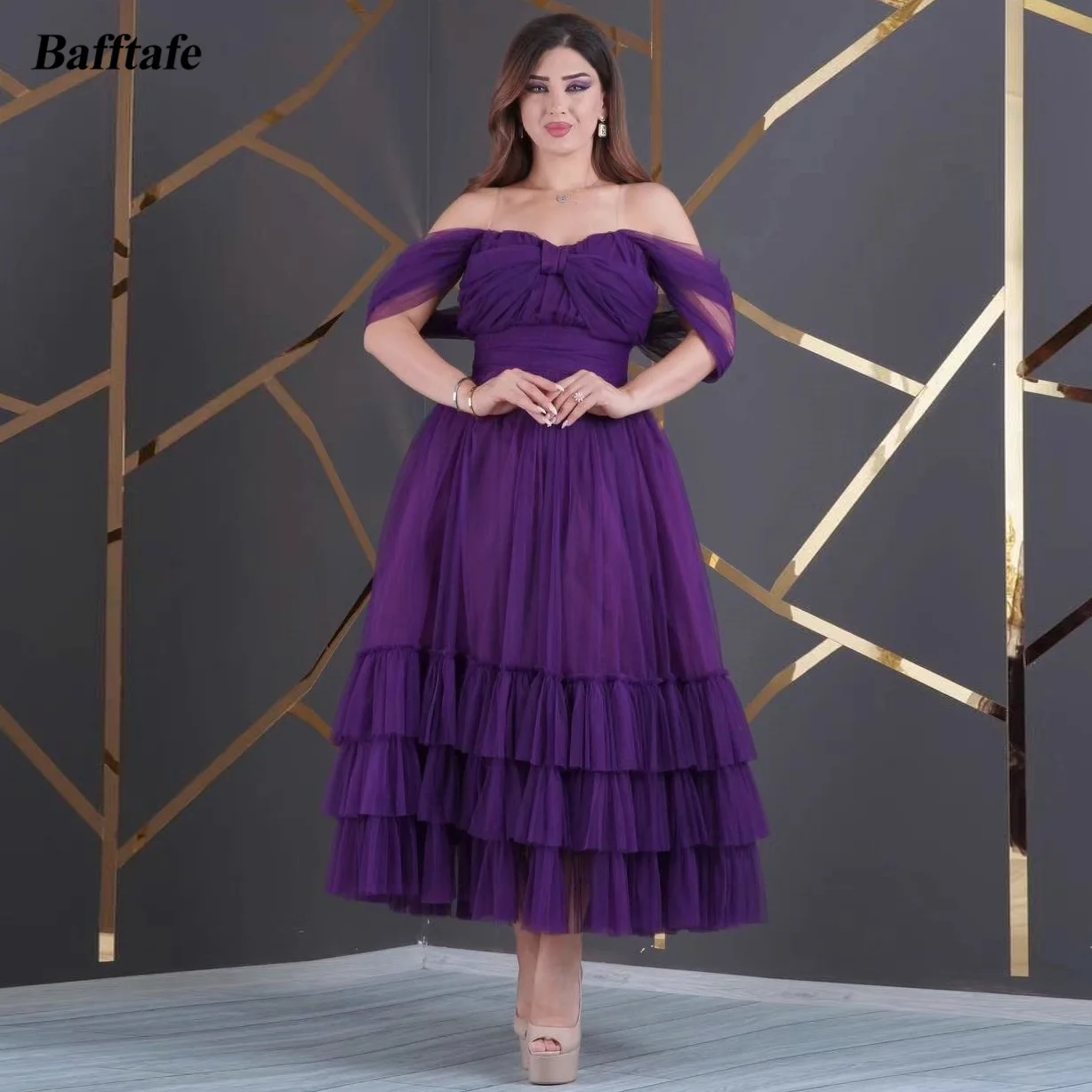 

Bafftafe Purple A Line Tulle Saudi Arabia Short Formal Party Dresses Off The Shoulder Layers Evening Gowns Women Prom Dress 2024