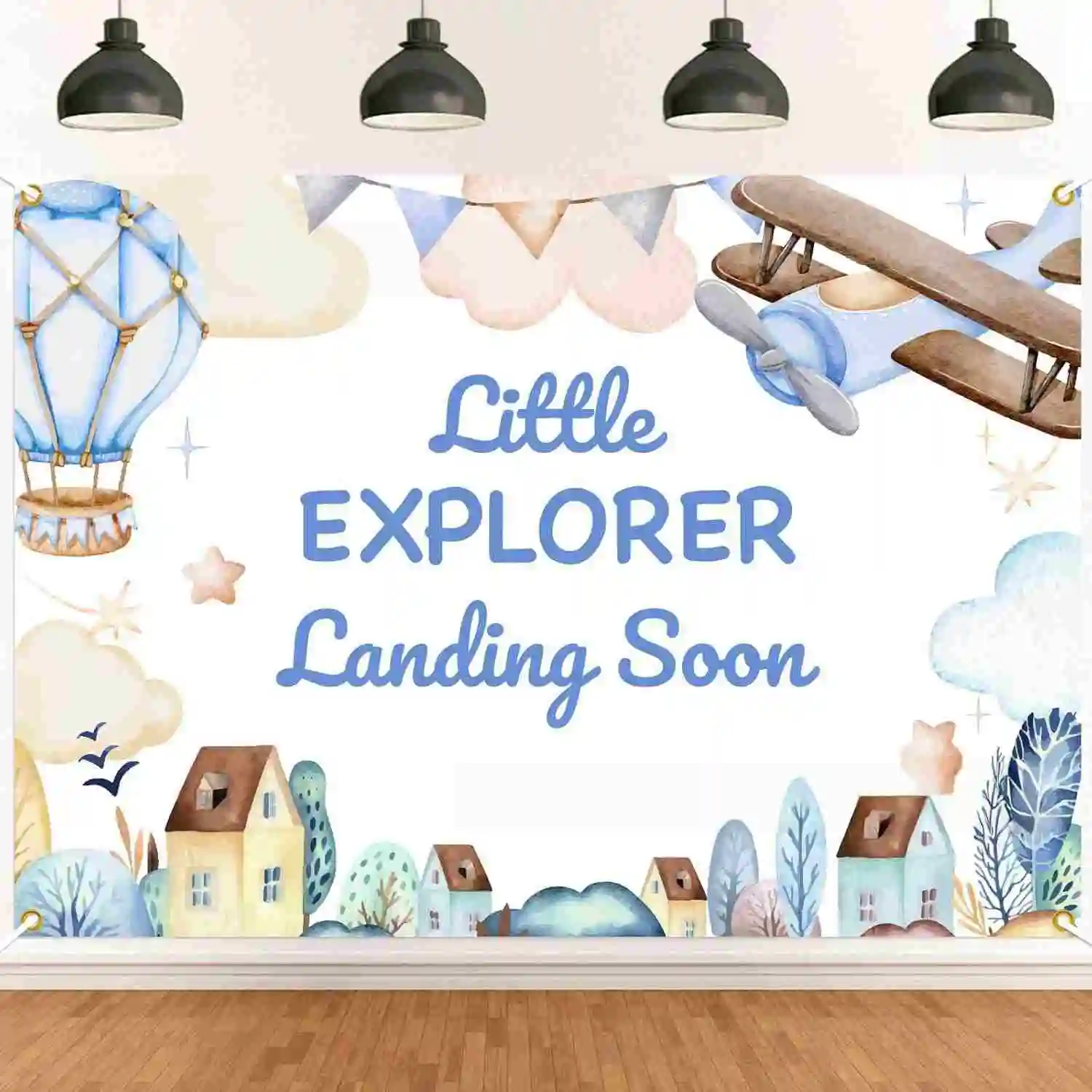 

Adventure Little Explorer Landing Soon Party Backdrop for Baby Shower Decorations Blue Airplane Hot Air Balloon Boy Background
