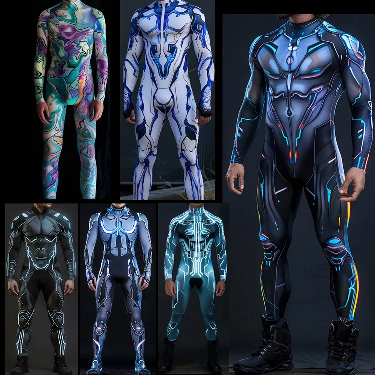Halloween CyberPunk Men Women Mechanical Armor Jumpsuit Party Cosplay Steampunk Costume Party Fighter Elastic Bodysuits Rompers