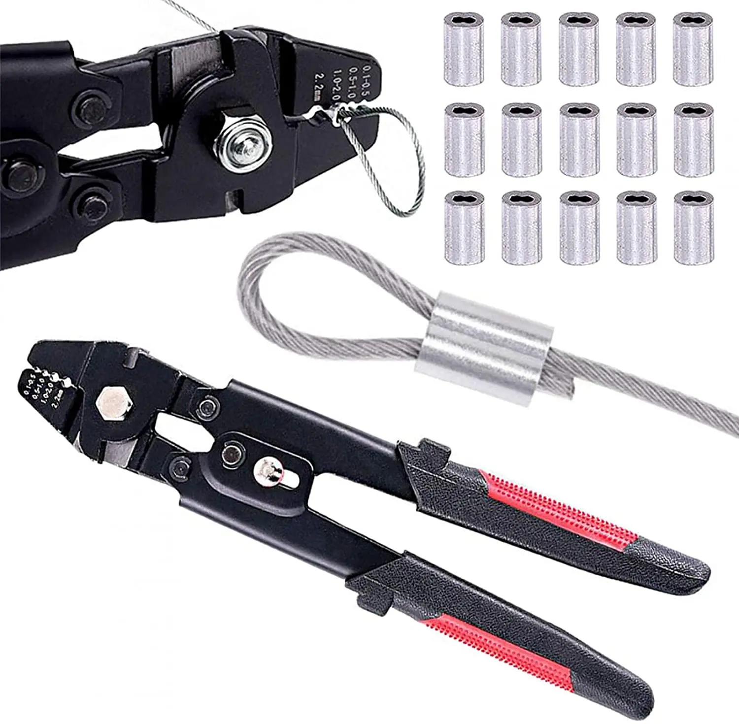 até 2.2 mm Friso Alicate Fio Corda Swager Crimper Pesca Friso Ferramenta de Alumínio Duplo Barril Virola Friso Laço Manga Kit