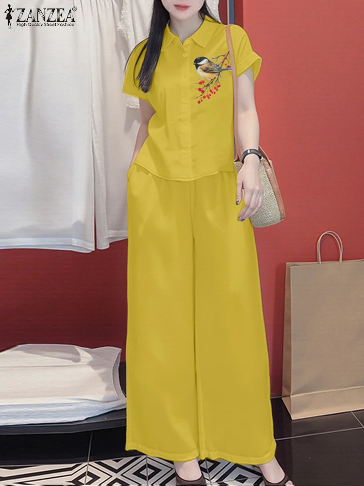 Conjuntos de pantalones de verano 2025 ZANZEA, conjuntos de 2 piezas para mujer, chándales OL de 2 uds, camisa de manga corta a la moda elegante, pantalones de pierna ancha, traje