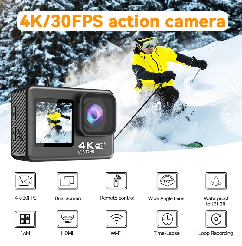 4K 30FPS 24MP WiFi Action Camera Waterproof 170°Wide Angle Len Dual Screen Display Video Camera For Outdoor Sports Cycling