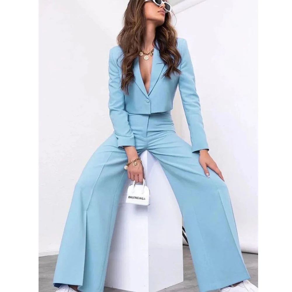 Tesco Casual Women's Suit 2 Piece Suit Jacket and Pants Wedding Guest Outfit Notch Lapel One Button Short Cropped Suit Blazer