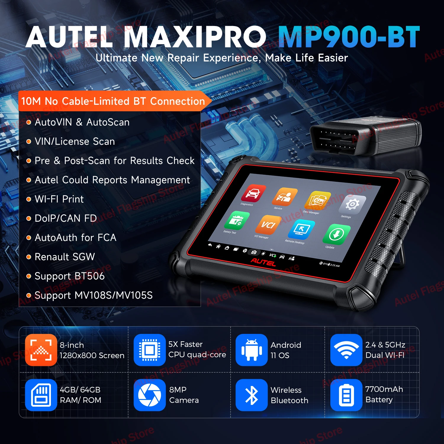 Autel MaxiPRO MP900-BT OBD2 Scanner Auto Diagnostic Tools ECU Coding 36+ Service Support CAN FD/DoIP Upgraed of MP808BT MK906PRO