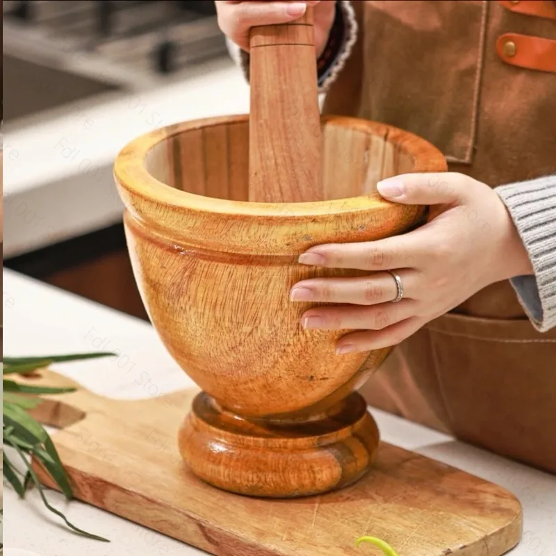 Solid Wood Pounding Tube Dai Flavor Pounding Wooden Mortar Stirring Garlic Pile Nest Wood Round Mortar Caliber 17*Depth 10cm