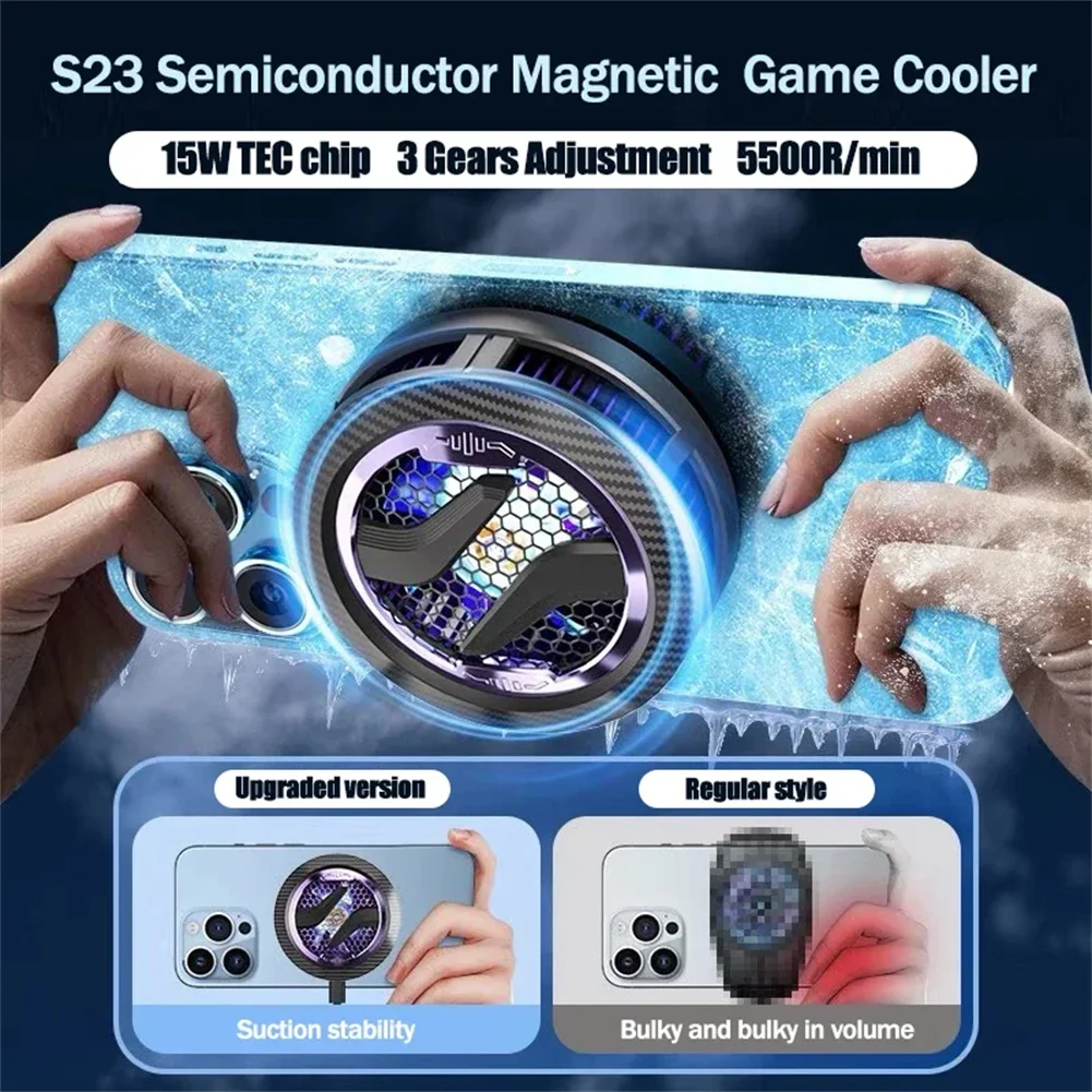 S23 Cell Phone Cooler Mobile Phone Magnetic Radiator Cooling Fan 15W 3 Gears Semiconductor Radiator Gaming Accessories